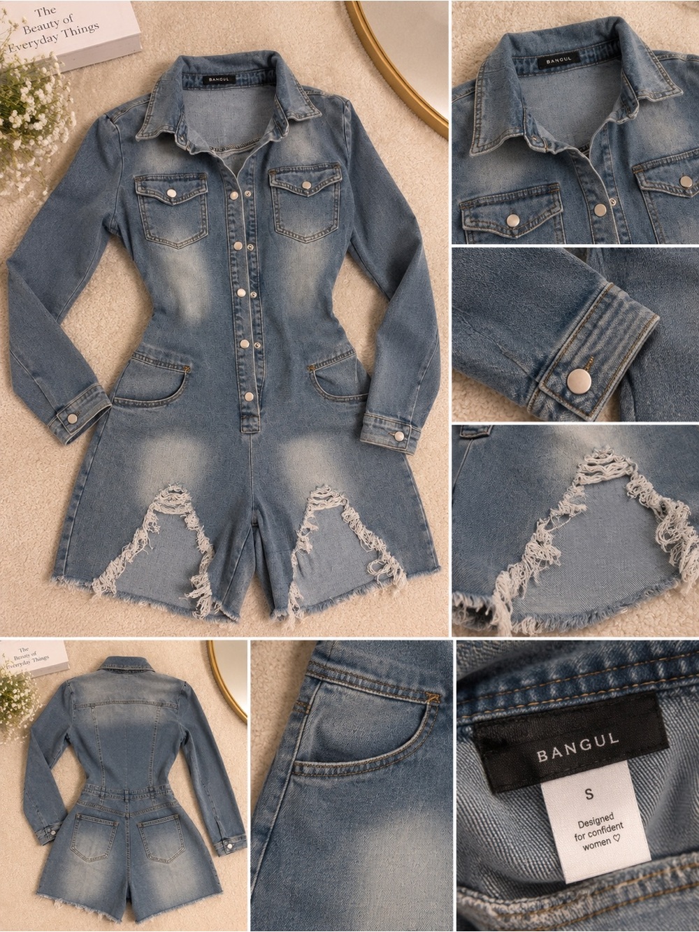 Distressed Blue Denim Romper Jeans for Women M